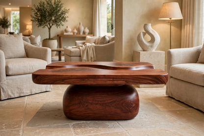 River Flow Coffee Table - Solid Mahogany Sculptural Coffee Table with Carved River Channel | Handcrafted