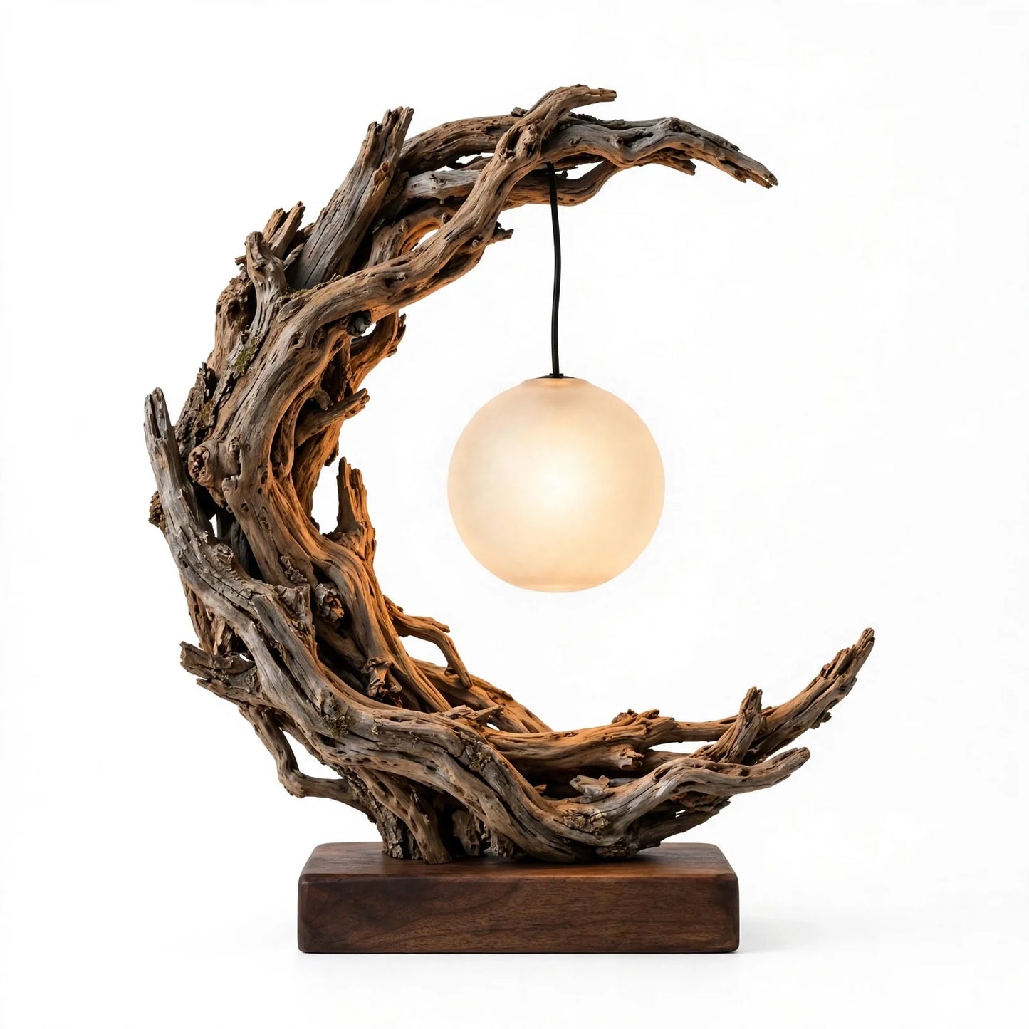 Crescent Moon Driftwood Table Lamp - Glowing Moon Sphere Lamp
