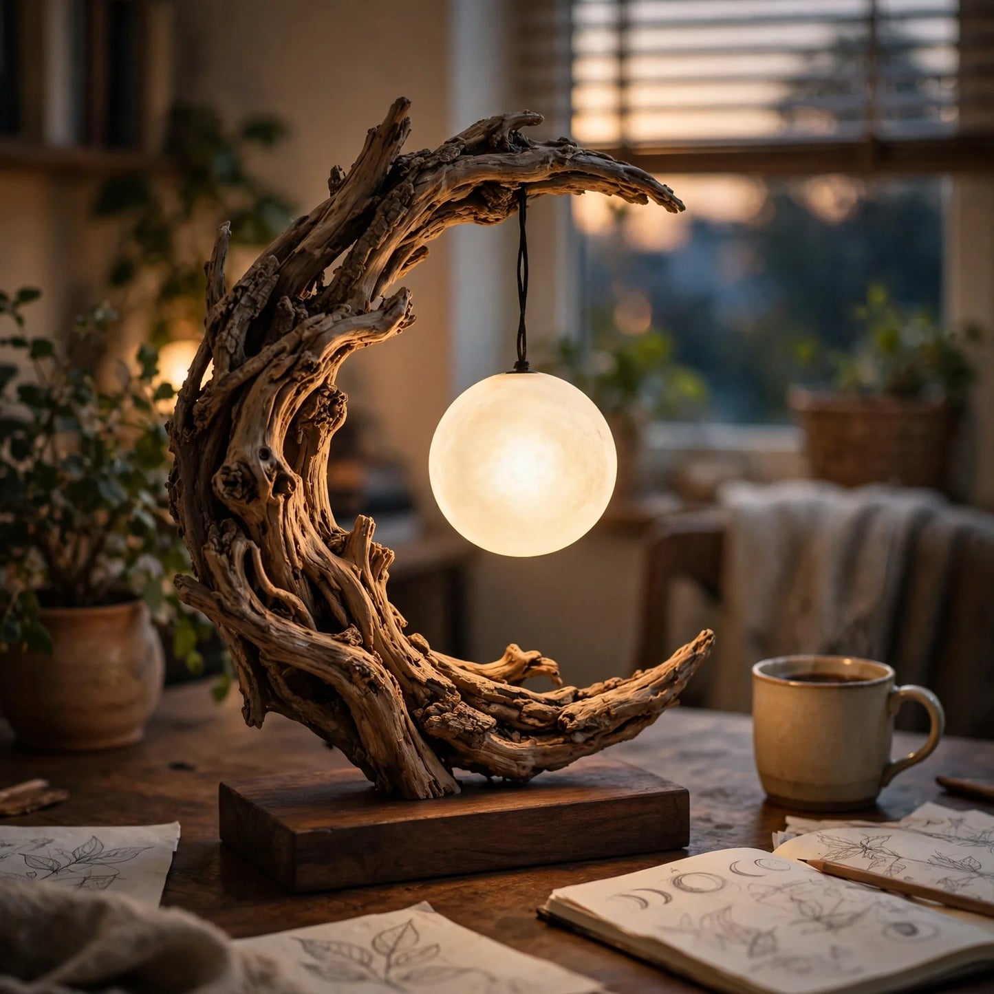 Crescent Moon Driftwood Table Lamp - Glowing Moon Sphere Lamp
