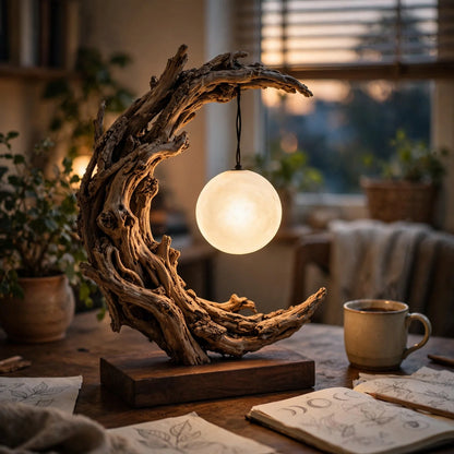 Crescent Moon Driftwood Table Lamp - Glowing Moon Sphere Lamp