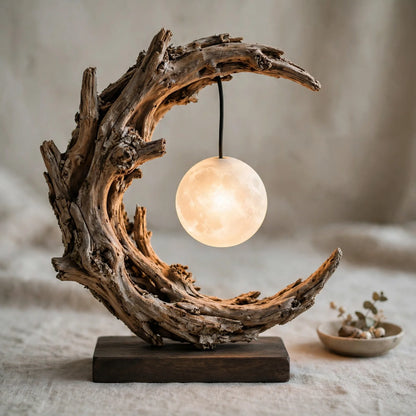 Crescent Moon Driftwood Table Lamp - Glowing Moon Sphere Lamp