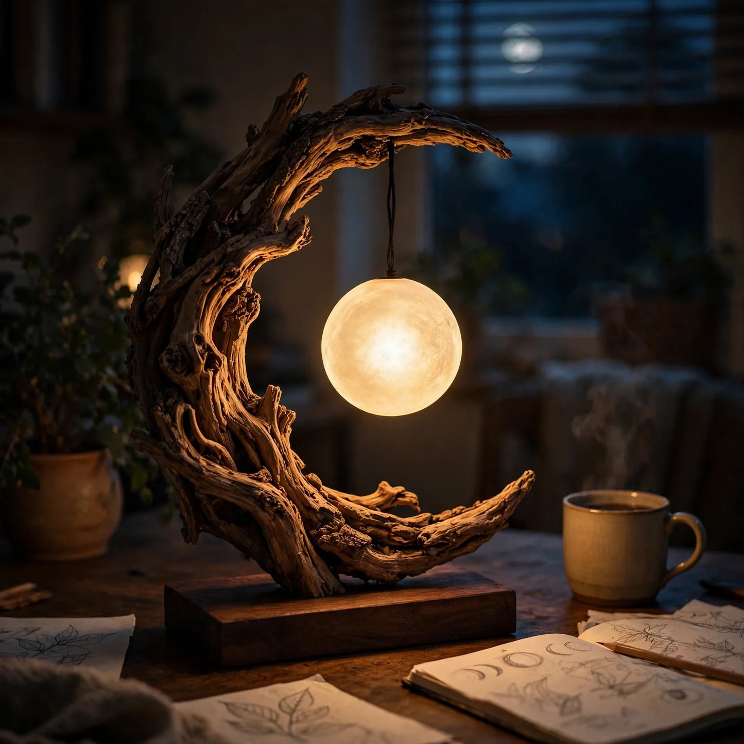 Crescent Moon Driftwood Table Lamp - Glowing Moon Sphere Lamp