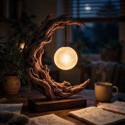 Crescent Moon Driftwood Table Lamp - Glowing Moon Sphere Lamp