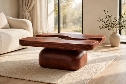 River Flow Coffee Table - Solid Mahogany Sculptural Coffee Table with Carved River Channel | Handcrafted