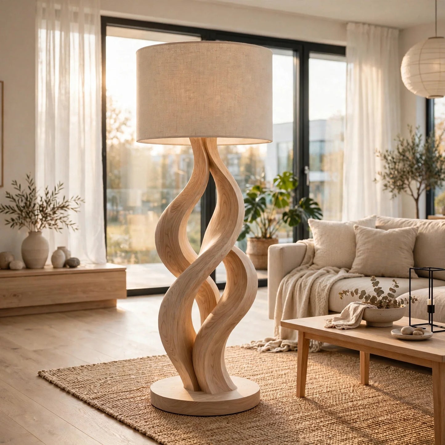 Modern Wave Sculpture Floor Lamp - Solid Ash Wood