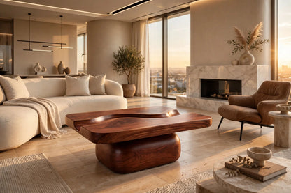 River Flow Coffee Table - Solid Mahogany Sculptural Coffee Table with Carved River Channel | Handcrafted