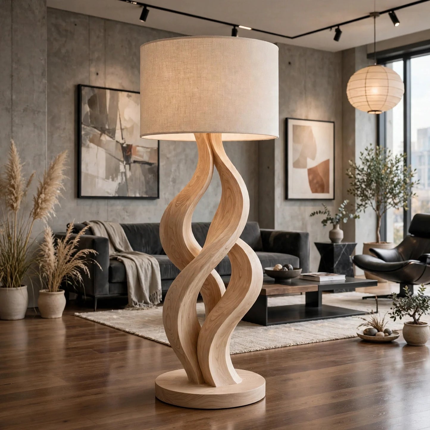 Modern Wave Sculpture Floor Lamp - Solid Ash Wood