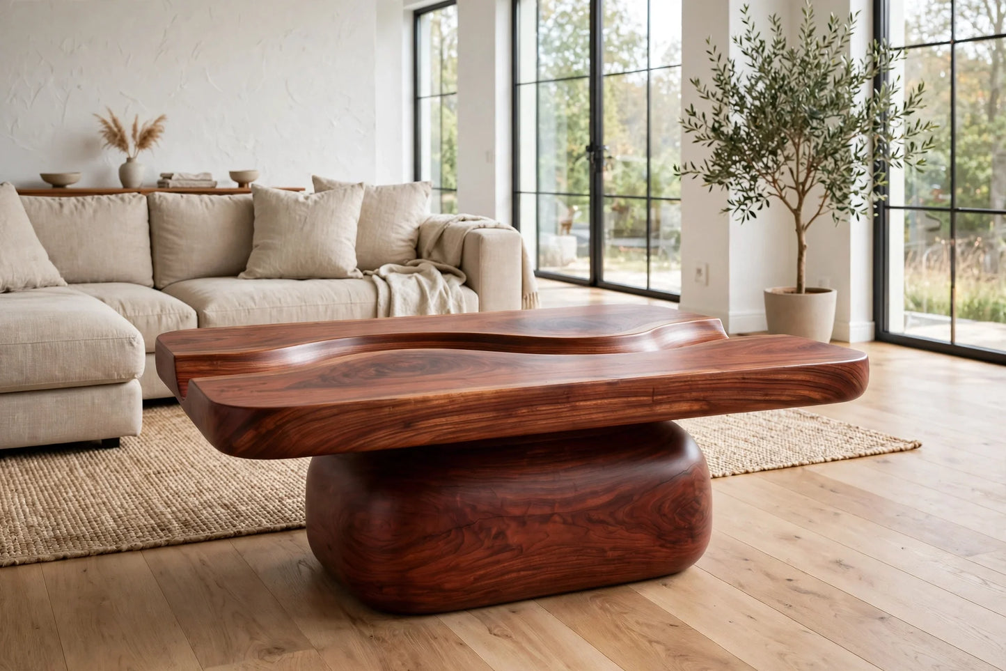 River Flow Coffee Table - Solid Mahogany Sculptural Coffee Table with Carved River Channel | Handcrafted