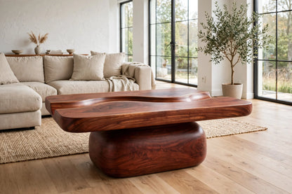 River Flow Coffee Table - Solid Mahogany Sculptural Coffee Table with Carved River Channel | Handcrafted